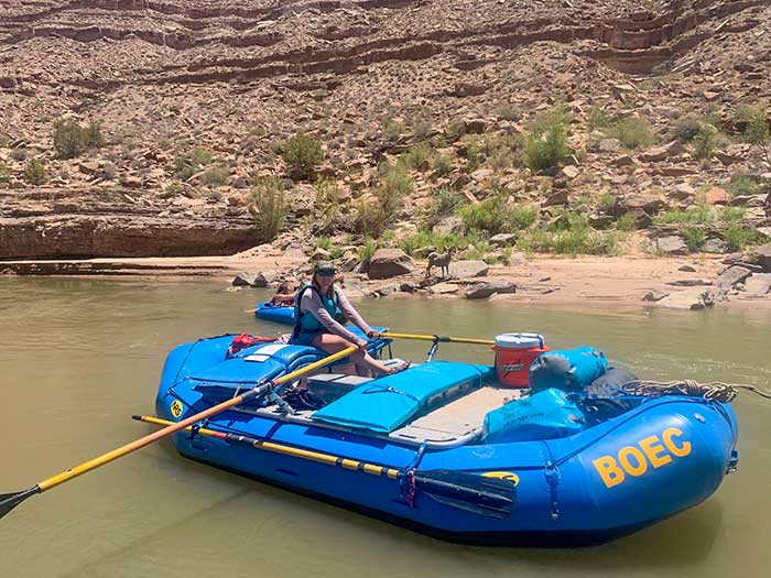 A BOEC staff member rows a raft