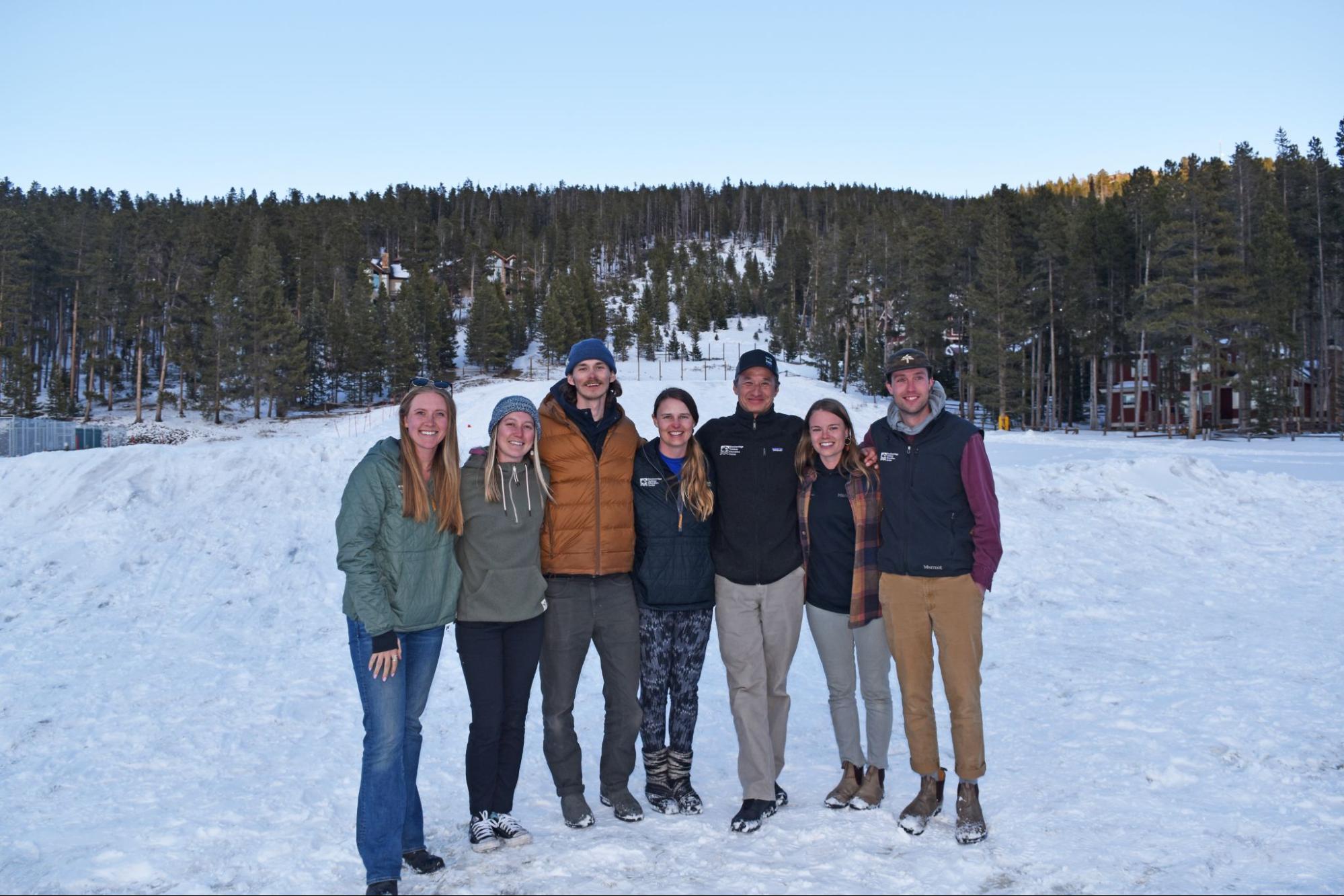 The 2022-23 Adaptive Ski and Snowboard Program team, Katie, Lindsay, Austin, Malia, Jeff, Gardner, Sean (L to R).