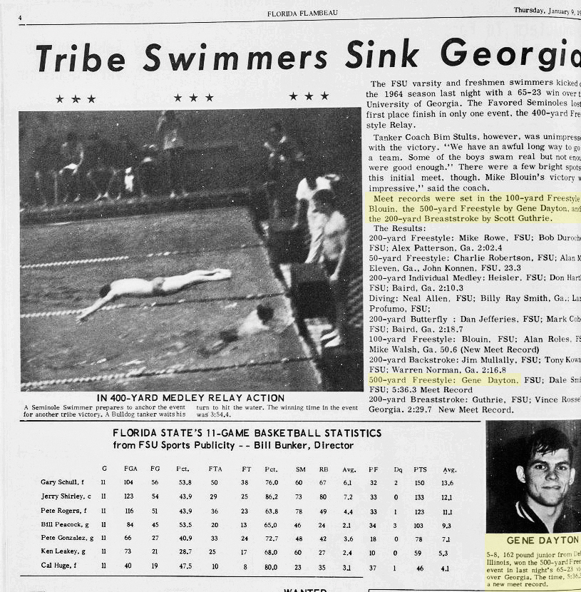 Gene featured in the Florida State University Florida Flambeau for setting new records in freestyle swimming.