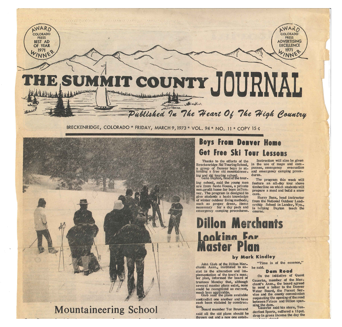Front page local news coverage for Gene’s Ski Mountaineering & Ski School highlighting a local boys group from Denver.