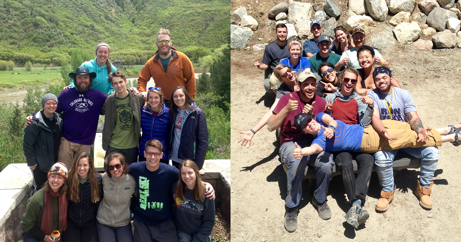 Sarah with her intern class in summer 2019 (L) and Rob with his intern class in summer 2018 (R).