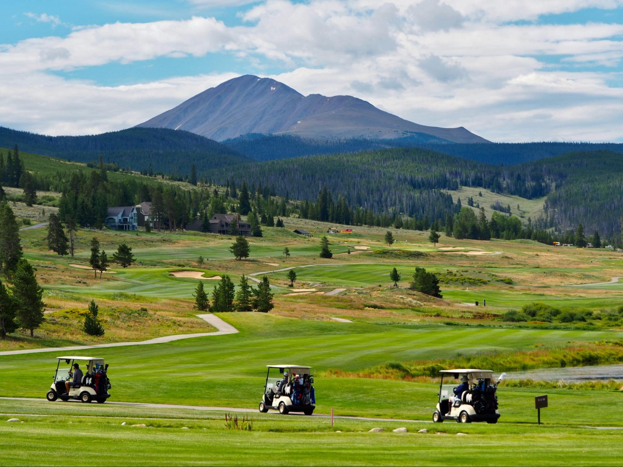 Golf carts for BOEC’s 15th Annual Tee It Up Golf Scramble headed out to start the day after the 10AM shotgun start.