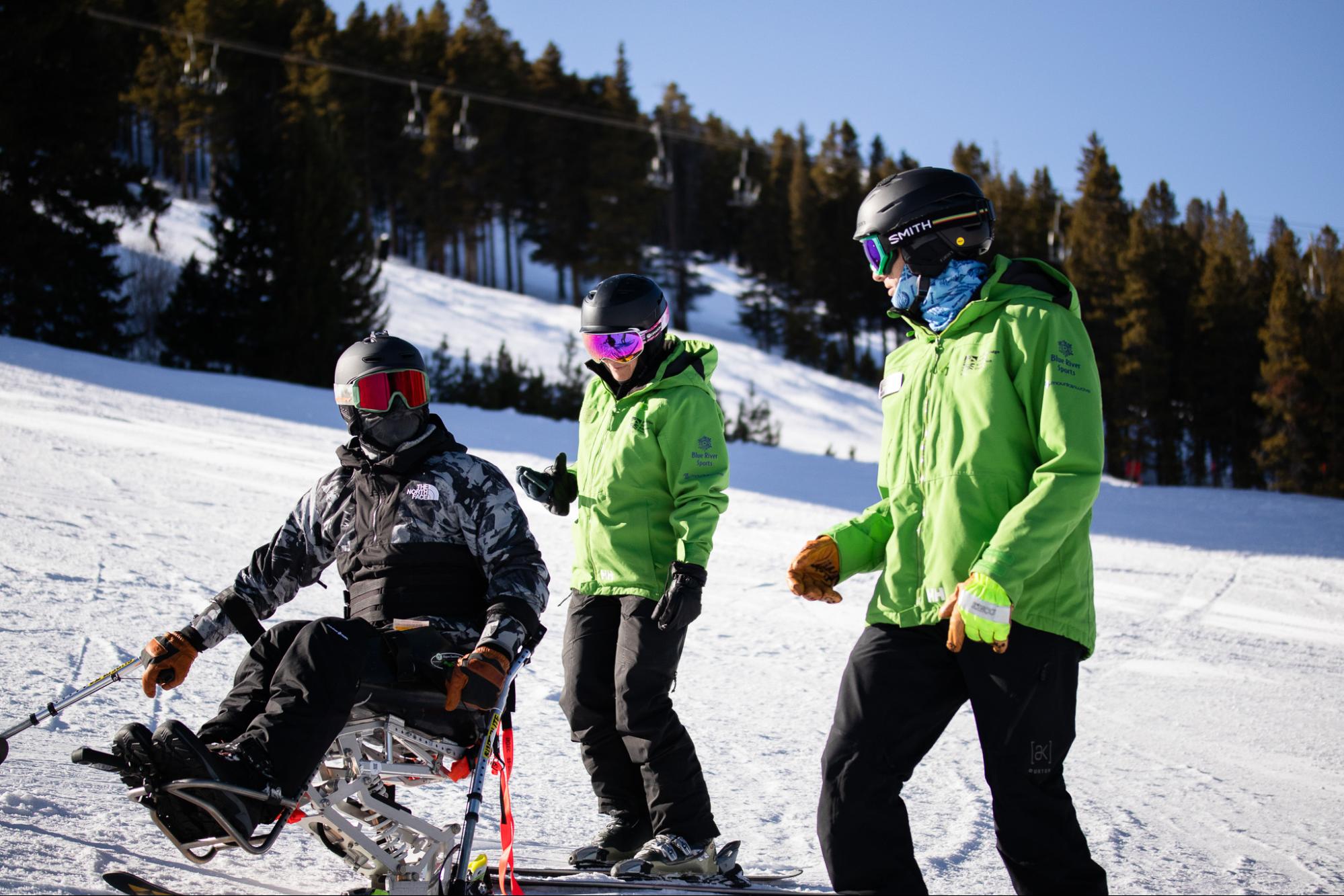 Mono-Ski Camp participant Jackson Bennett receiving 2:1 instruction